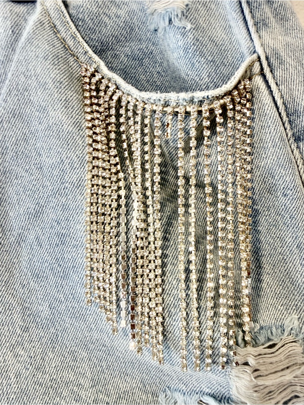 CIDER Rhinestone Fringe Distressed Denim Shorts - Picture 2 of 3